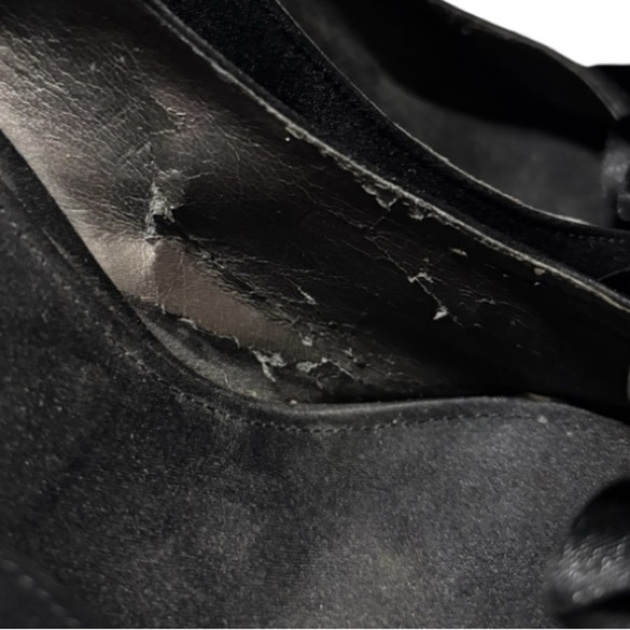 Touch of Nina Black Satin Heels Open Toe with Ruffle Size 7.5 Peep Toe Stiletto - Picture 4 of 13